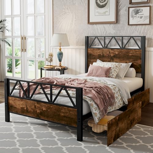 Merax Bettgestell 90x200, Bettrahmen Metallbett 90x200 mit Stauraum, Bett mit lattenrost aus Metall & Holz Kopfteil, Bettrahmen mit Stauraum unter dem Bett, Jugendbett, Schwarz, 90x200cm von Merax