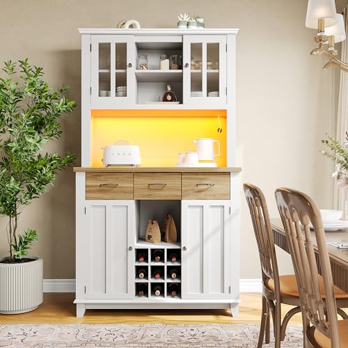 Merax Buffetschrank, Küchenschrank, Hochschrank Küchenbuffet, Vitrinenschrank Mit Verstellbaren Ablagen, Sideboard Mit LED-Beleuchtung (Holzfarbene Schubladen) von Merax