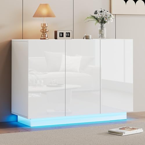 Merax Buffetschrank Sideboard Weiß Hochglanz, Moderne Vorratsschrank mit LED Beleuchtung, Esszimmerschrank mit 3 Türen, Mehrzweckschrank für Wohnzimmer, Schlafzimmer, Flur, verstellbare Regale, 120cm von Merax