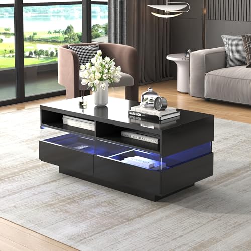 Merax Couchtisch, LED Wohnzimmertisch mit Schubladen, Hochglanz Tisch Wohnzimmer, Modern Sofatisch mit Zwei Ablagefächern, 110 x 55 x 48,5 cm, Schwarz von Merax