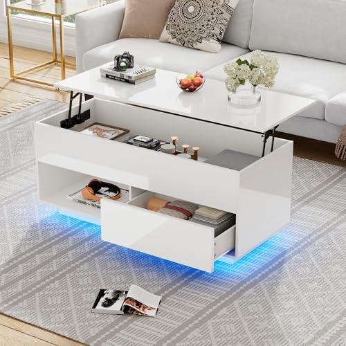 Merax Couchtisch, höhenverstellbarer Wohnzimmertisch mit LED-Beleuchtung, Kaffeetisch mit Schubladen, offener und versteckter Stauraum, Sofatisch aus Holz, Beistelltisch für Wohnzimmer, Büro, Weiß Merax Couchtisch, höhenverstellbarer Wohnzimmertisch mit LED-Beleuchtung, Kaffeetisch mit Schubladen, offener und versteckter Stauraum, Sofatisch aus Holz, Beistelltisch für Wohnzimmer, Büro, Weiß von Merax