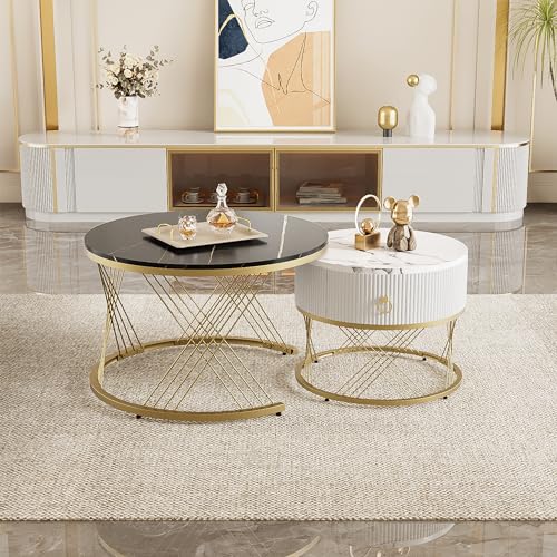 Merax Couchtisch 2er-Set, 70x70 cm+50x50 cm, Marmoroptik mit Golddekor, Beistelltisch mit Schubladen, höhenverstellbare Füße, Schwarz und Gold von Merax