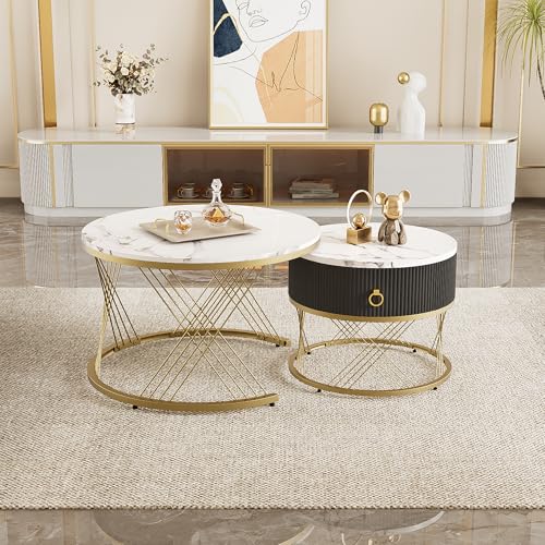 Merax Couchtisch 2er-Set, 70x70 cm+50x50 cm, Marmoroptik mit Golddekor, Beistelltisch mit Schubladen, höhenverstellbare Füße, Weiß und Gold von Merax