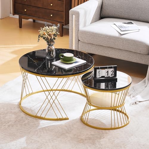 Merax Couchtisch 2er Set, Hochglanz Wohnzimmertisch, Coffee Table mit Stauraum, für Wohnzimmer, Balkon, Metallgestell, Gold und Schwarz von Merax