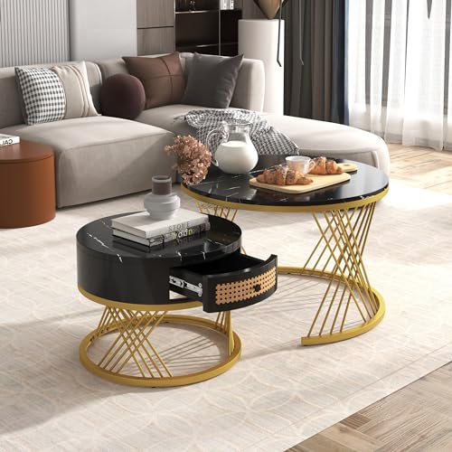 Merax Couchtisch 2er Set, Rund Wohnzimmertisch mit Marmor Furnier, Coffee Table aus Holz mit Schublade, Metallgestell, Schwarz und Gold Merax Couchtisch 2er Set, Rund Wohnzimmertisch mit Marmor Furnier, Coffee Table aus Holz mit Schublade, Metallgestell, Schwarz und Gold von Merax