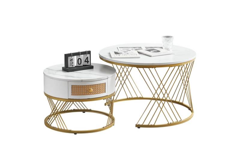 Merax Couchtisch 2er Set mit Metallrahmen (2-St), Saztisch aus Marmor und Massivholz, Beistelltisch Set von Merax