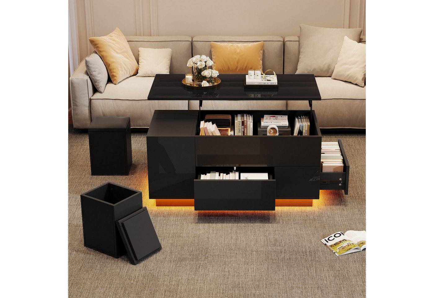 Merax Couchtisch 4-in-1 höhenverstellbar Sofatisch mit LED-Beleuchtung (1-St., mit App-gesteuertem Licht & Liftfunktion), Wohnzimmertisch mit verstecktem Stauraum & 2 Hocker, 100x50x45 cm von Merax