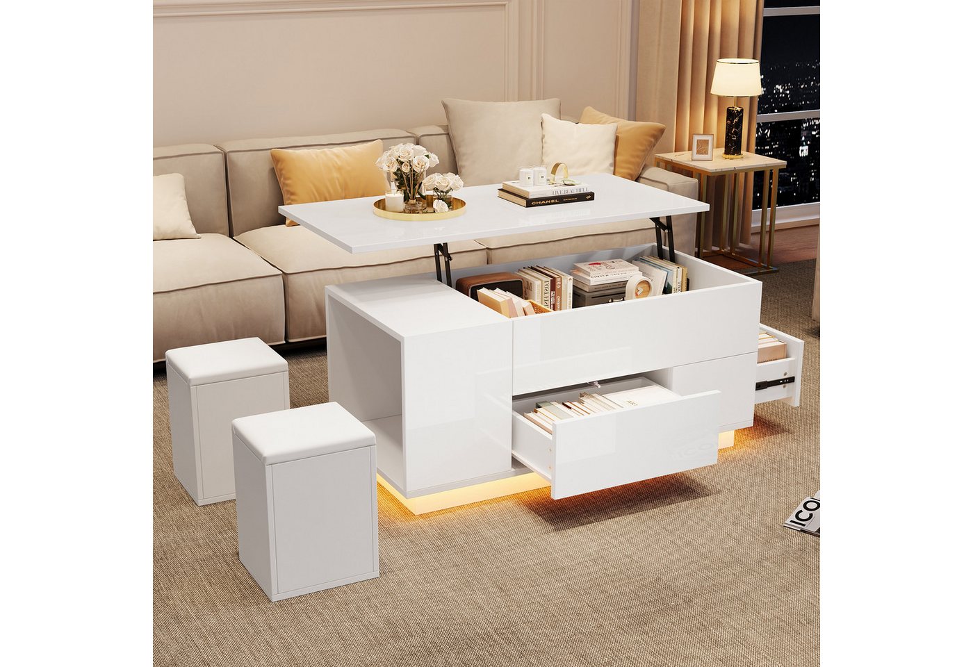 Merax Couchtisch 4-in-1 höhenverstellbar Sofatisch mit LED-Beleuchtung (1-St., mit App-gesteuertem Licht & Liftfunktion), Wohnzimmertisch mit verstecktem Stauraum & 2 Hocker, 100x50x45 cm von Merax