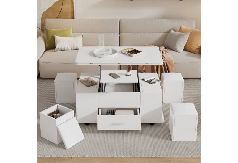 Merax Couchtisch 4-in-1 höhenverstellbarer Sofatisch mit ausklappbarer Tischplatte (1-St., wandelbar vom Sofatisch zum Esstisch), Wohnzimmertisch mit Schublade,4 Hockern,Stauraum & Rollen,100x50x45cm von Merax