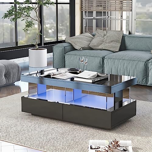 Merax Couchtisch Hochglanz mit LED, Moderner Wohnzimmertisch mit Stauraum Schubladen, Multifunktionaler Beistelltisch für Wohnzimmer, rechteckiger Mitteltisch, Sofatisch, Coffee Table, Büro, Schwarz von Merax