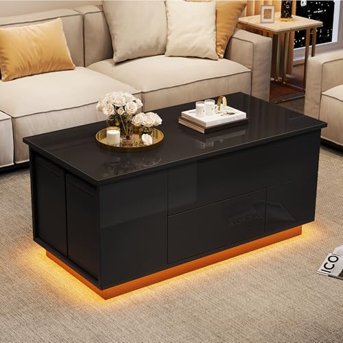 Merax Couchtisch Höhenverstellbar, Wohnzimmertisch Hochglanz mit Hebeplatte, Moderner Kaffeetisch mit LED, Sofatisch mit 2 Schubladen, Versteckter Stauraum, 2 Hockern, umwandelbar in Esstisch, Schwarz Merax Couchtisch Höhenverstellbar, Wohnzimmertisch Hochglanz mit Hebeplatte, Moderner Kaffeetisch mit LED, Sofatisch mit 2 Schubladen, Versteckter Stauraum, 2 Hockern, umwandelbar in Esstisch, Schwarz von Merax
