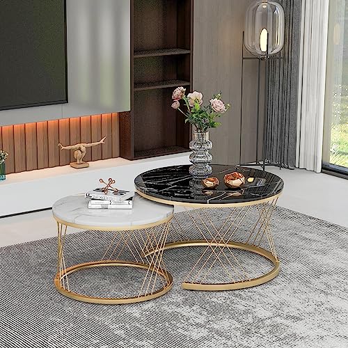 Merax Couchtisch Rund, Satztisch 2er Set, Moderne Beistelltisch Wohnzimmertisch Nesting Kaffeetisch mit Gold Metallgestell, Marmormuster, Sofatische für Wohnzimmer Balkon Büro, Schwarz & Weiß von Merax