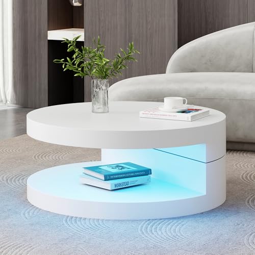 Merax Couchtisch Runde mit Drehbarer Schreibtisch, Moderner Wohnzimmertisch mit 16-Farbiger LED-Lichtleiste, Obere Tischplatte 360° frei drehbar, Sofatisch Kaffeetisch Beistelltisch für Büro, Weiß von Merax
