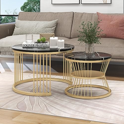 Merax Couchtisch Runder 2er Set, Moderne Nesting Kaffeetisch, Wohnzimmertisch, Sofatisch, Metallrahmen, Marmor Furnier, Satztisch mit offenes Regal für Empfangszimmer, Balkon und Büro, Schwarz von Merax
