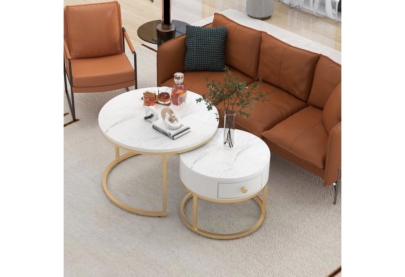 Merax Couchtisch Satztisch rund Beistelltisch mit Schublade (2-St), hochglanz Marmoroptik aus Holz mit goldenen Metallbeine von Merax