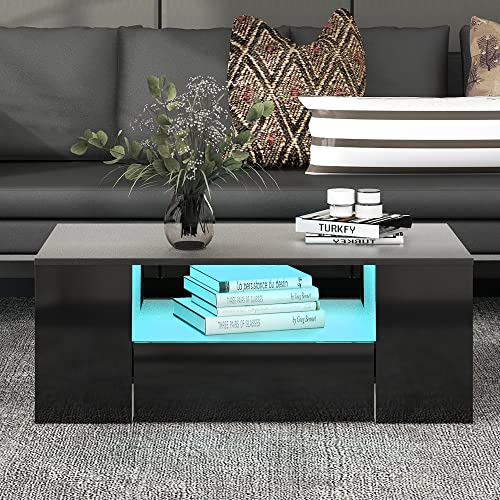 Merax Couchtisch Schwarz, Modern Wohnzimmertisch Hochglanz, mit 16-Farbiger LED Beleuchtung, Beistelltisch Couchtisch mit Stauraum, 2 Schubladen & seitliche Regale, 95x53x37 cm Merax Couchtisch Schwarz, Modern Wohnzimmertisch Hochglanz, mit 16-Farbiger LED Beleuchtung, Beistelltisch Couchtisch mit Stauraum, 2 Schubladen & seitliche Regale, 95x53x37 cm von Merax