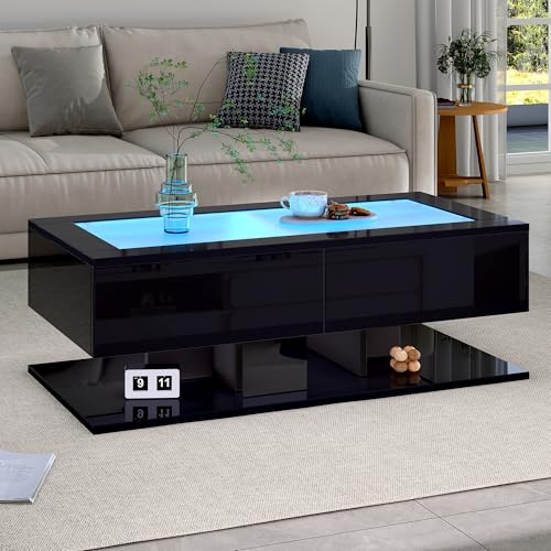 Merax Couchtisch Schwarz, Wohnzimmertisch Hochglanz mit LED Beleuchtung, Modern Beistelltisch Kaffeetisch mit Transparente Glasplatte, 2 große Schubladen, rechteckiger Mitteltisch, Sofatisch für Büro von Merax