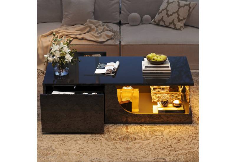Merax Couchtisch Sofatisch Beistelltisch mit LED-Beleuchtung (1-St., 100*50*30 cm), Wohnzimmertisch mit 2 Schubladen,Hochglanz-Oberfläche, gehärtetem Glas von Merax