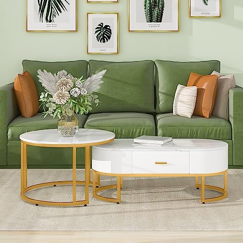 Merax couchtisch rund 2er Set Sofatisch Rund Satztische Wohnzimmertisch Beistelltisch Wohnzimmertisch Tischgestell Metall Gold Wohnzimmertisch 2er Set Couchtisch Gold von Merax