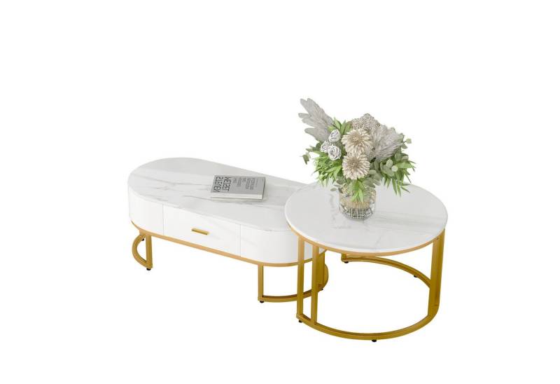 Merax Couchtisch aus Holz mit Schublade und goldenem Stahlrahmen (2-St), Satztisch in Marmoroptik, Wohnzimmertisch 2er Set, Industrial von Merax
