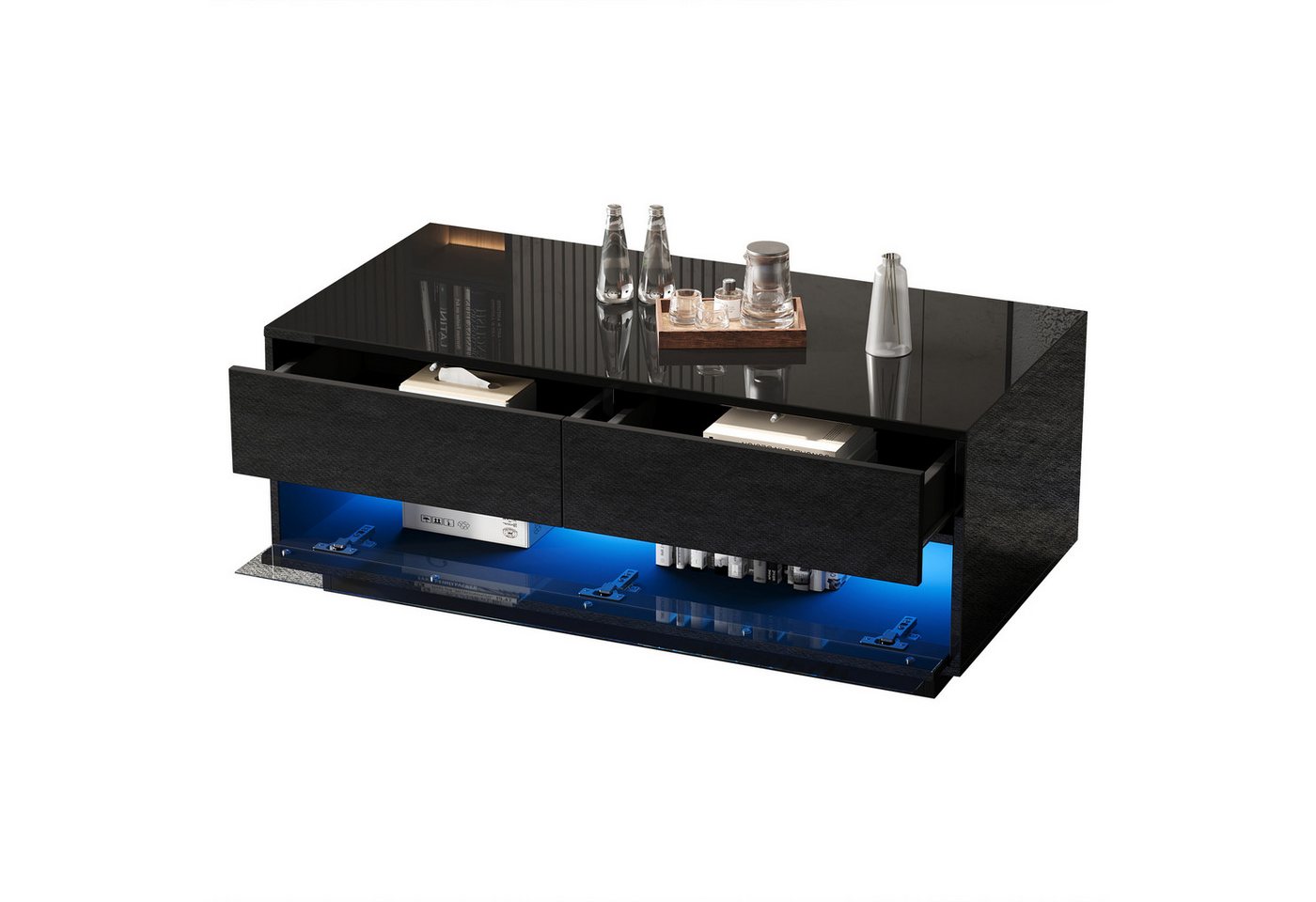 Merax Couchtisch hochglanz Sofatisch Beistelltisch mit LED-Beleuchtung (100x50x40cm, 1-St., 100x50x40 cm), Wohnzimmertisch mit 2 Schubladen, Glas-Schallwand und Stauraum von Merax