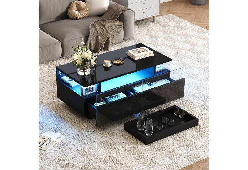 Merax Couchtisch hochglanz Sofatisch Beistelltisch mit LED-Beleuchtung (90x45x35.5cm, 1-St., Schubladen aus Acryl, Glas-Seitenteilen & App-gesteuertem Licht), Wohnzimmertisch mit Tablett, 2 Schubladen & 3 Ebenen Stauraum von Merax