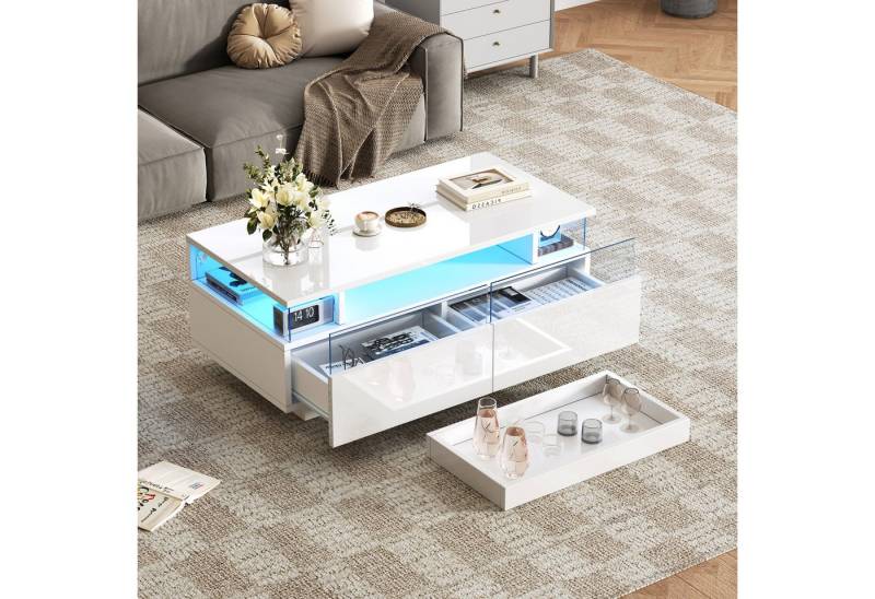 Merax Couchtisch hochglanz Sofatisch Beistelltisch mit LED-Beleuchtung (90x45x35.5cm, 1-St., Schubladen aus Acryl, Glas-Seitenteilen & App-gesteuertem Licht), Wohnzimmertisch mit Tablett, 2 Schubladen & 3 Ebenen Stauraum von Merax