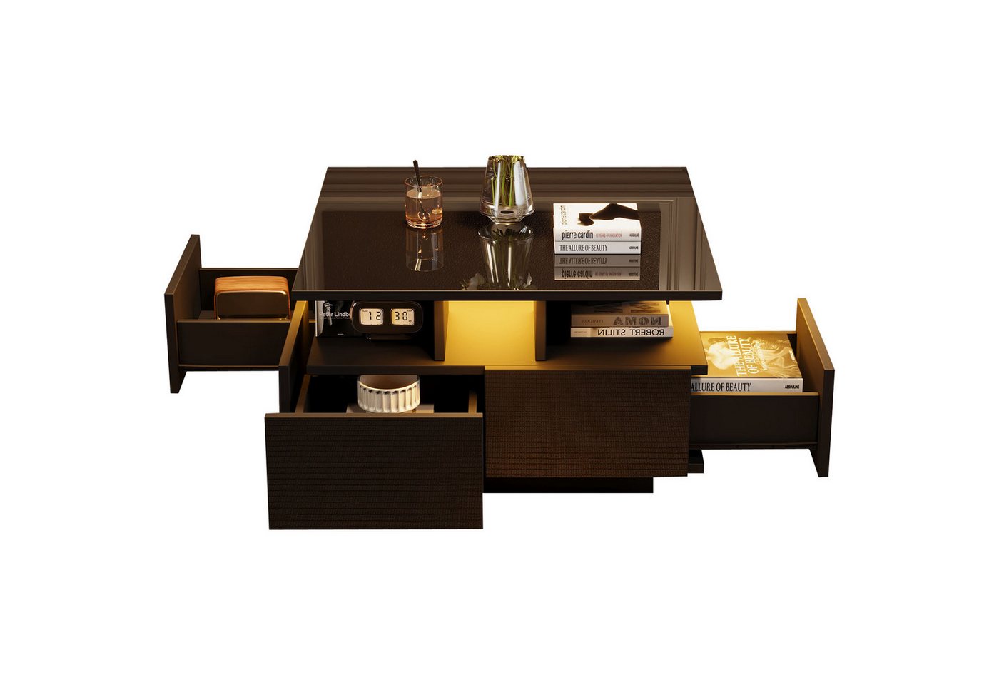 Merax Couchtisch hochglanz Sofatisch Beistelltisch mit LED-Beleuchtung & USB-Anschluss (Kaffeetisch mit App-gesteuerter Beleuchtung, 1-St), Wohnzimmertisch mit 4 Schubladen und 3-Stufen-Design, 70x70x40cm von Merax