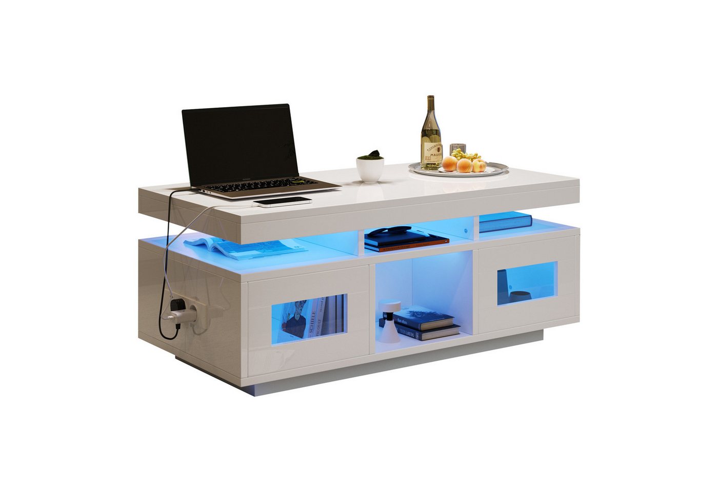 Merax Couchtisch hochglanz Sofatisch mit LED-Beleuchtung & USB-Ladeanschluss (1-St., 100×50×43cm), Beistelltisch Wohnzimmertisch mit 2 Türen und mehr Ablagefächern von Merax