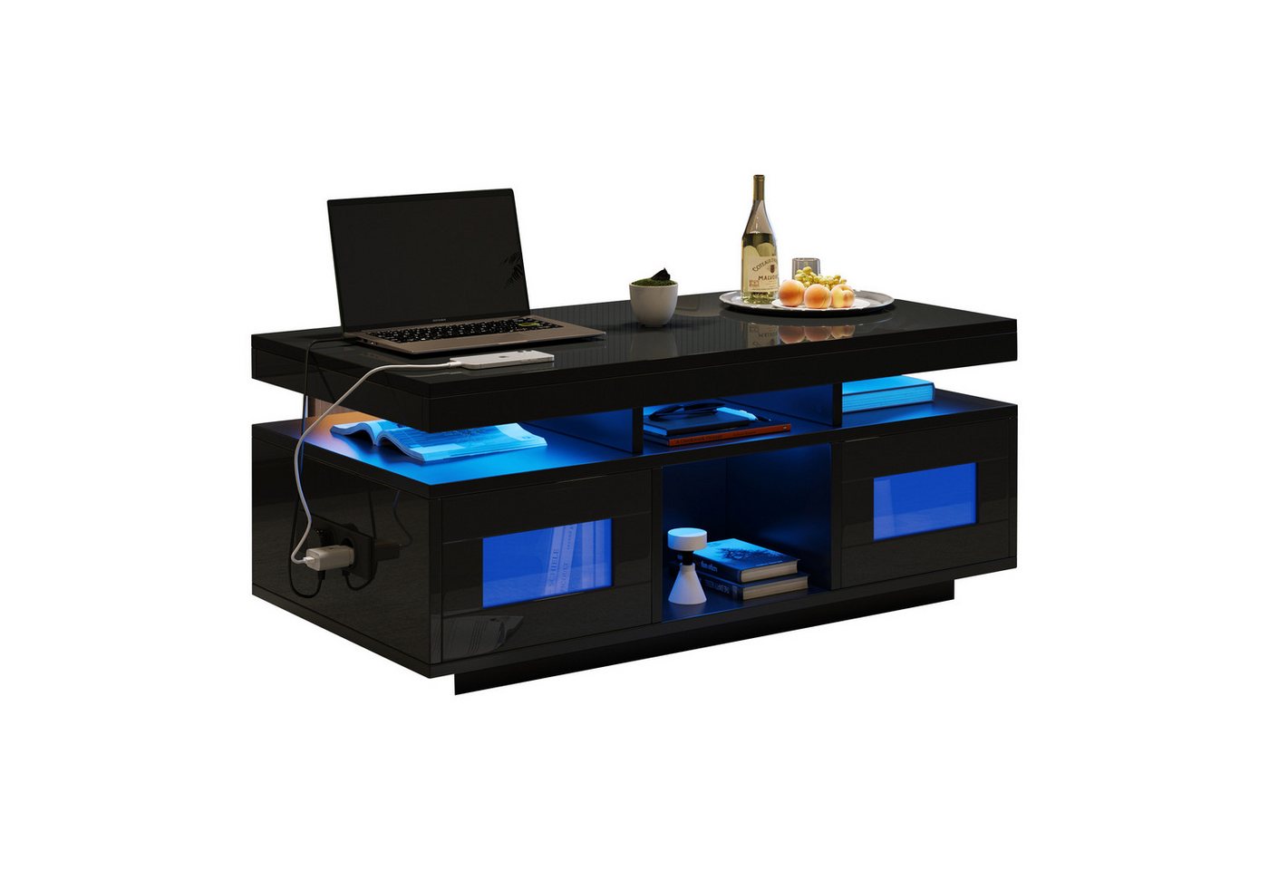 Merax Couchtisch hochglanz Sofatisch mit LED-Beleuchtung & USB-Ladeanschluss (1-St., 100×50×43cm), Beistelltisch Wohnzimmertisch mit 2 Türen und mehr Ablagefächern von Merax