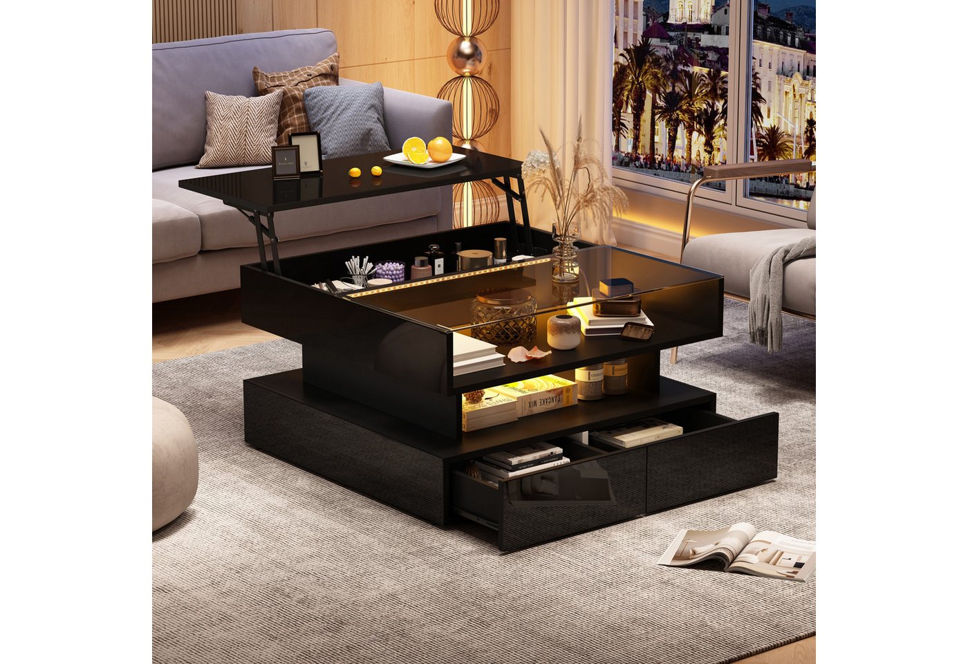 Merax Couchtisch höhenverstellbar Sofatisch Hochglanz Beistelltisch mit LED-Beleuchtung (80 x 80 x 45 cm, 1-St., Tischplatte aus gehärtetem Glas und Spanplatte), Wohnzimmertisch mit 2 Schubladen, verstecktem Stauraum und Ablagefach von Merax