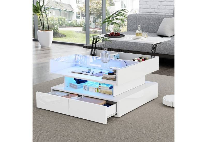 Merax Couchtisch höhenverstellbar Sofatisch Hochglanz Beistelltisch mit LED-Beleuchtung (80 x 80 x 45 cm, 1-St., Tischplatte aus gehärtetem Glas und Spanplatte), Wohnzimmertisch mit 2 Schubladen, verstecktem Stauraum und Ablagefach von Merax