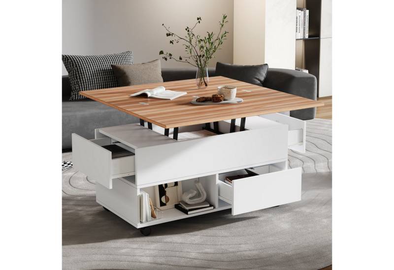 Merax Couchtisch höhenverstellbarer Sofatisch Beistelltisch anhebbarer Tischplatte (1-St., 100x50x52cm), Wohnzimmertisch mit ausklappbarer Esstisch, 4 Schubladen & Stauraum von Merax