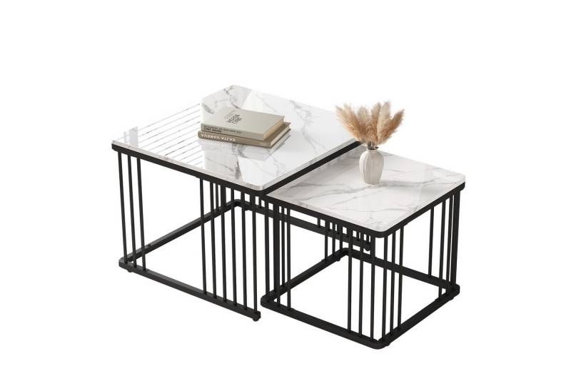 Merax Couchtisch im Marmoroptik mit Metallrahmen (2-St., 2er Set), hochglanz Beistelltisch mit Einlegeboden, Satztisch, Wohnzimmertisch von Merax