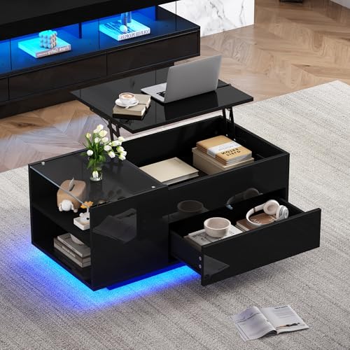 Merax Couchtisch mit Höhenverstellbarer Platte, Moderner Hochglanz Wohnzimmertisch mit LED, Sofatisch Kaffeetisch mit Schubladen, Glasvitrine, Versteckter Stauraum, Rechteckig Beistelltisch, Schwarz von Merax