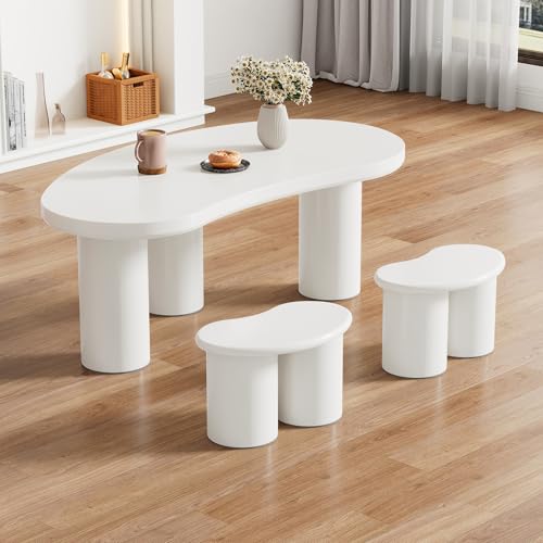 Merax Couchtisch unregelmäßiger, Modern Wohnzimmertisch in halbmondförmiges mit 2 kleinen Bänken, Sofatisch Weiss Kaffeetisch, Tischplatte aus MDF, Beine aus PVC mit Filzboden, für Büro, Schlafzimmer von Merax