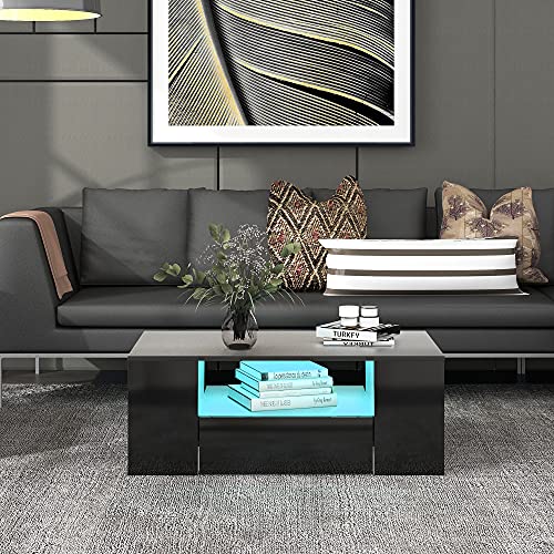 Merax DE_WF283904SAA_ZYP Moderner Couchtisch Hochglanz Mit Led, Beistelltische fürs Wohnzimmer, Wohnzimmertisch, Sofatisch, 2 Schubladen und 2 Regalsofa, Holzwerkstoff, Schwarz, 95 x 53 x 37cm von Merax