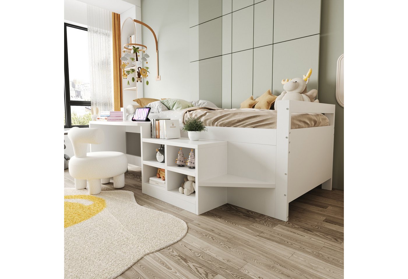 Merax Daybett (Jugendbett Kinderbett Schlafsofa Tagesbett aus Kieferholz, 1 tlg), Kiefer Kinderbett 90x200 cm mit Schreibtisch, Staufächern & Steckdosen von Merax
