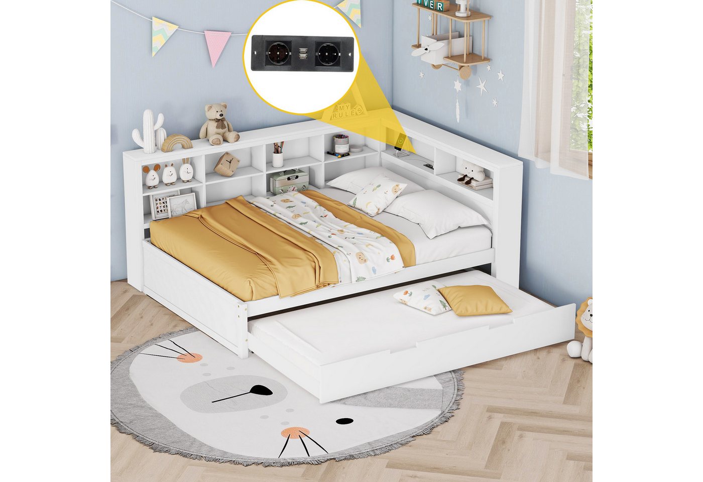 Merax Daybett 140x200 mit USB und Ausziehbett 90x190cm (1 tlg), Massivholz Schlafsofa Kinderbett Tagesbett mit Ablagefächern von Merax