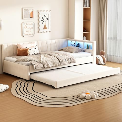 Merax Daybett 90x200 cm, Multifunktionales Schlafsofa mit Ausziehbett, USB+Typ C Ladeanschluss, Fernbedienung für LED-Umgebungslicht, Ablagefächer – Beige, Leinen (Ohne Matratze) von Merax