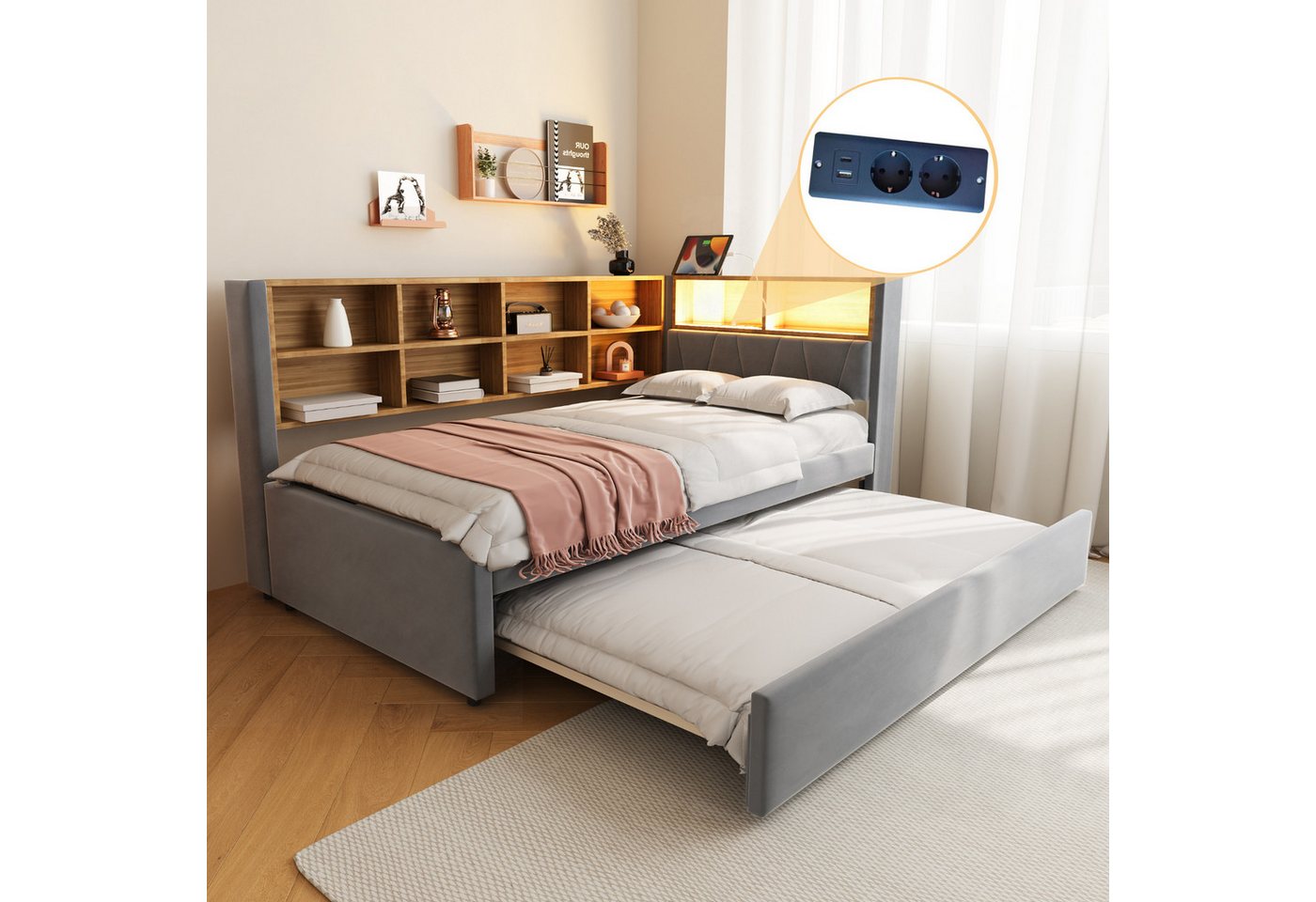 Merax Daybett 90x200cm mit Ausziehbett 90x190cm, Polsterbett Schlafsofa Tagesbett mit LED, Steckdosen und Ablagefächern von Merax