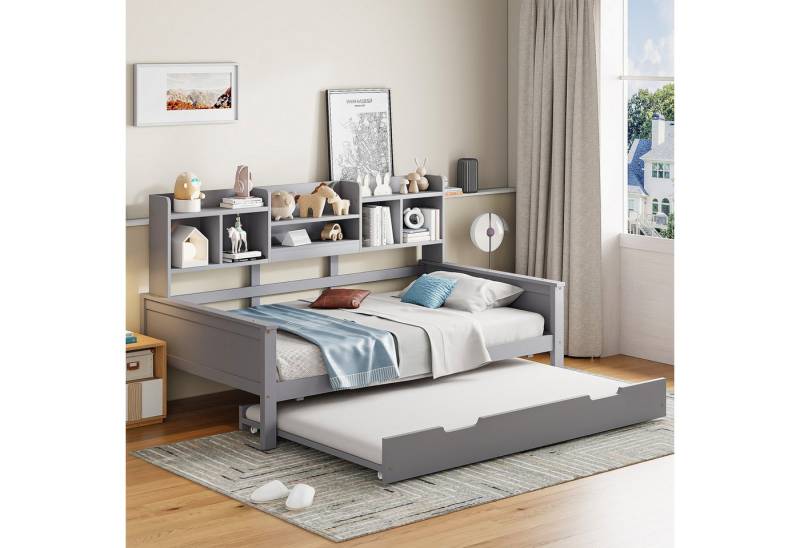 Merax Daybett 90x200cm mit Ausziehbett 90x190cm (1 tlg), Kiefer Tagesbett Kinderbett Schlafsofa mit Ablagefächern Stauraum von Merax