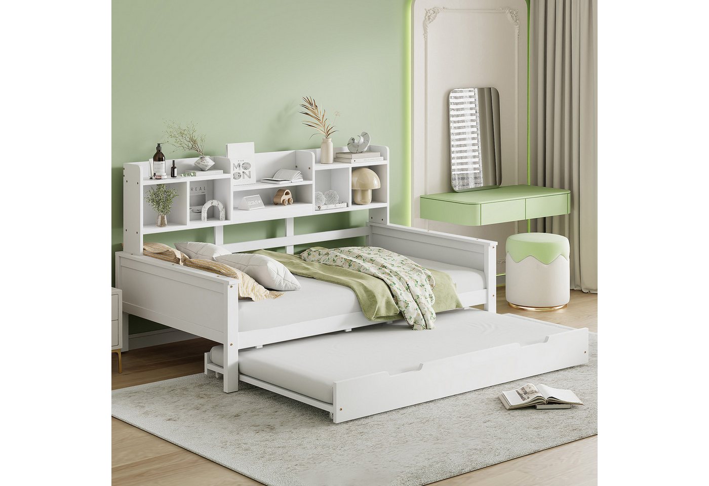 Merax Daybett 90x200cm mit Ausziehbett 90x190cm (1 tlg), Kiefer Tagesbett Kinderbett Schlafsofa mit Ablagefächern Stauraum von Merax