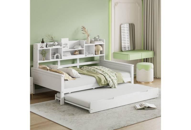 Merax Daybett 90x200cm mit Ausziehbett 90x190cm (1 tlg), Kiefer Tagesbett Kinderbett Schlafsofa mit Ablagefächern Stauraum von Merax