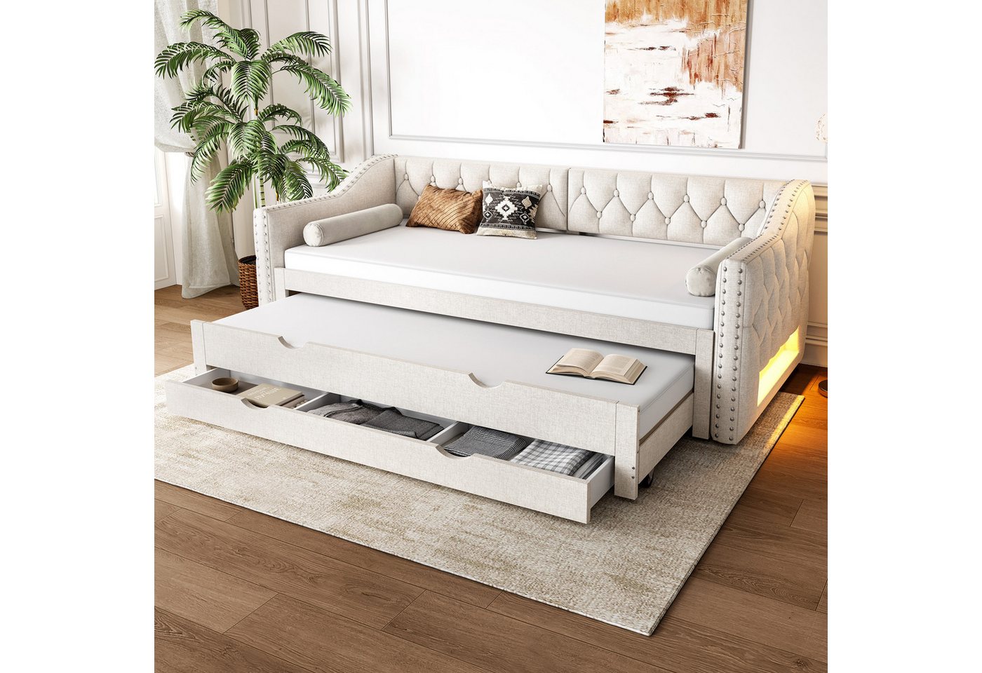 Merax Daybett 90x200cm mit LED-Beleuchtung (Sofabett Doppelbett Polsterbett, 1 tlg), Tagesbett mit Ausziehbett und 3 Schubladen, Schlafsofa aus Leinenstoff von Merax
