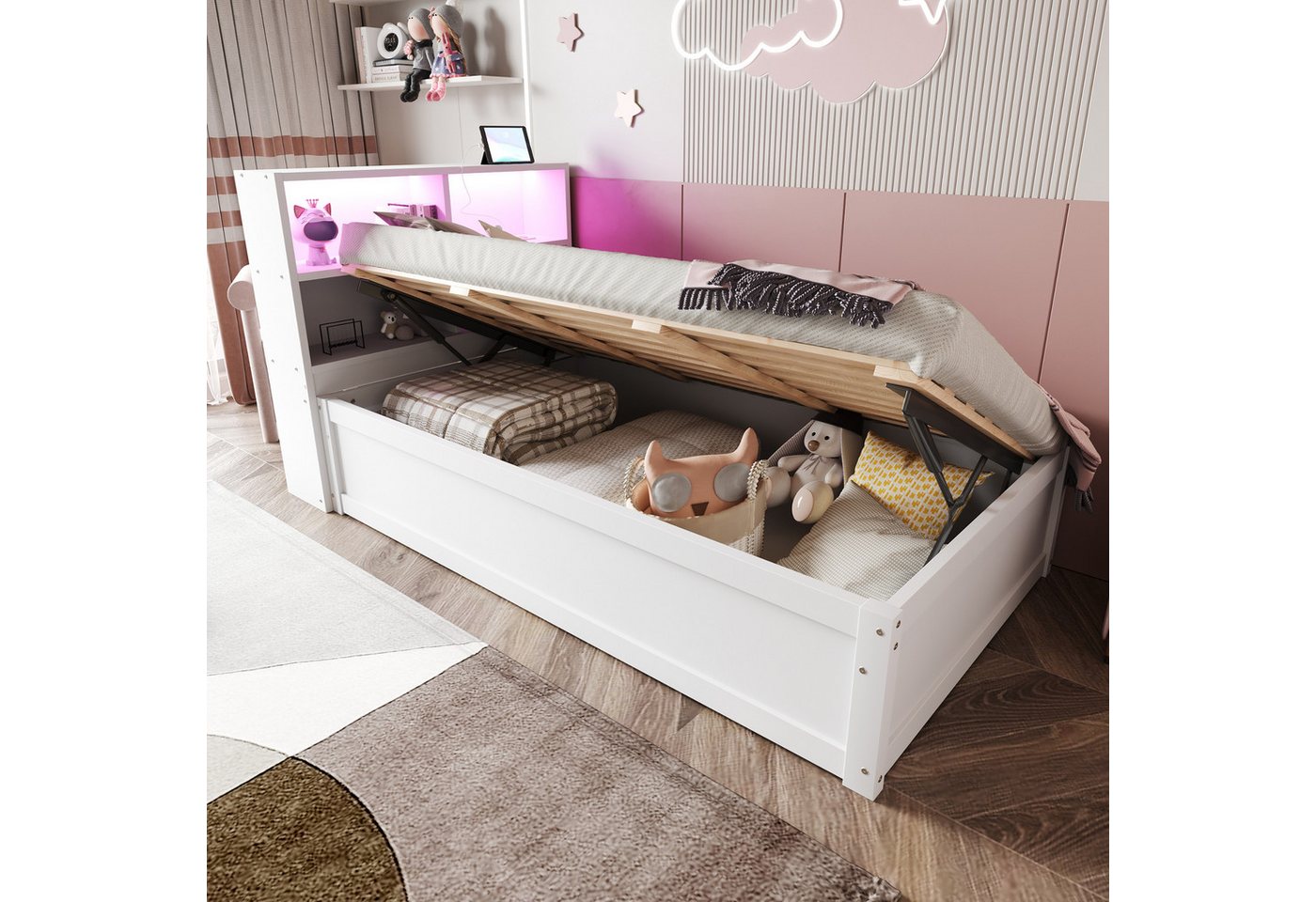 Merax Daybett 90x200cm mit LED-Lichtleiste und USB-Steckdose (1 tlg), Schlafsofa Kinderbett mit hydraulischem Stauraum und Ablagefächern von Merax
