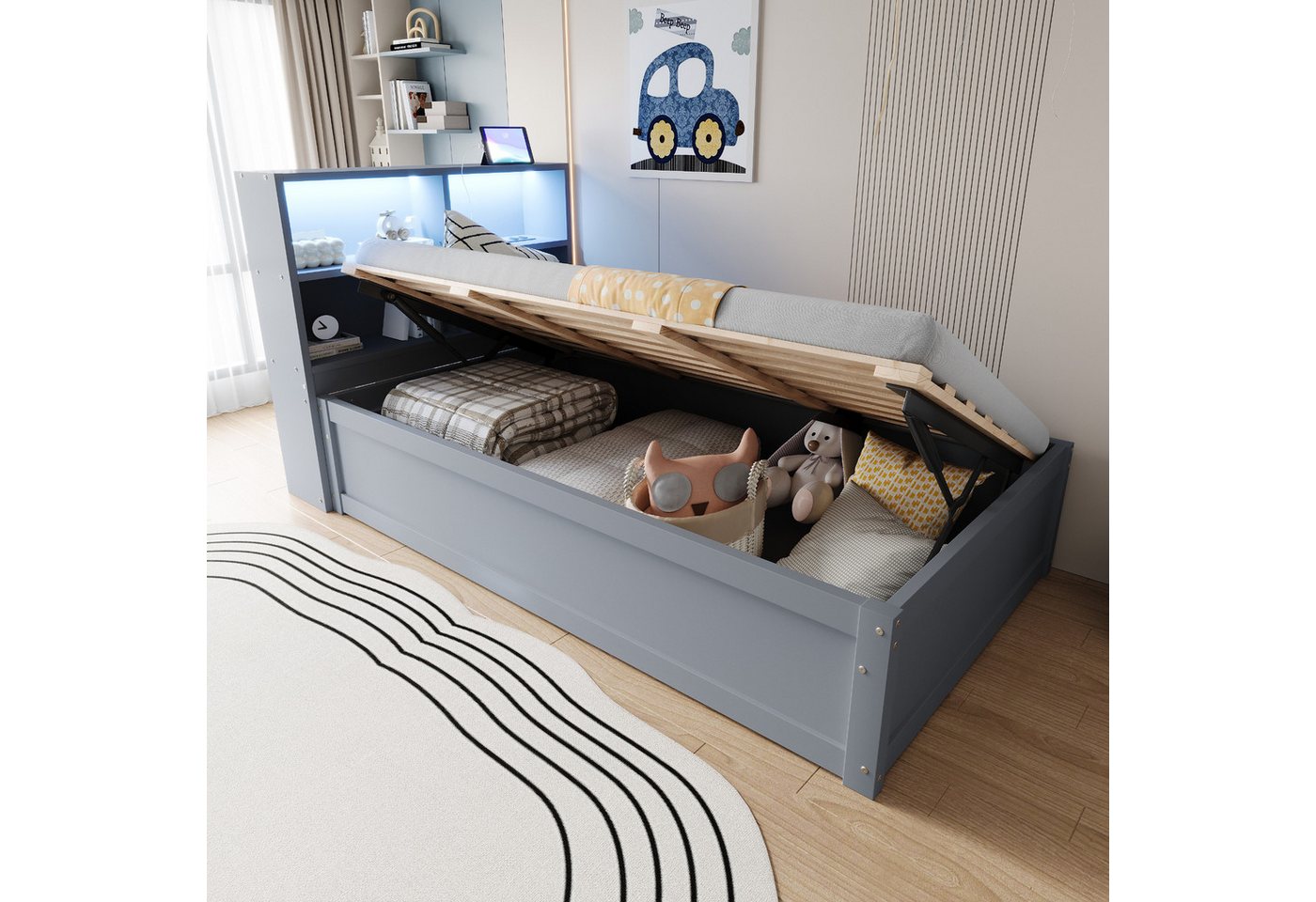 Merax Daybett 90x200cm mit LED-Lichtleiste und USB-Steckdose (1 tlg), Schlafsofa Kinderbett mit hydraulischem Stauraum und Ablagefächern von Merax
