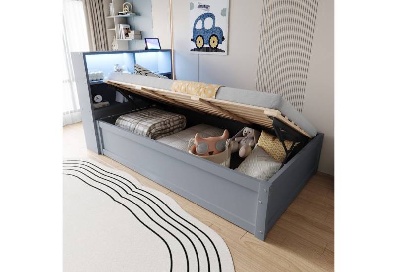 Merax Daybett 90x200cm mit LED-Lichtleiste und USB-Steckdose (1 tlg), Schlafsofa Kinderbett mit hydraulischem Stauraum und Ablagefächern von Merax
