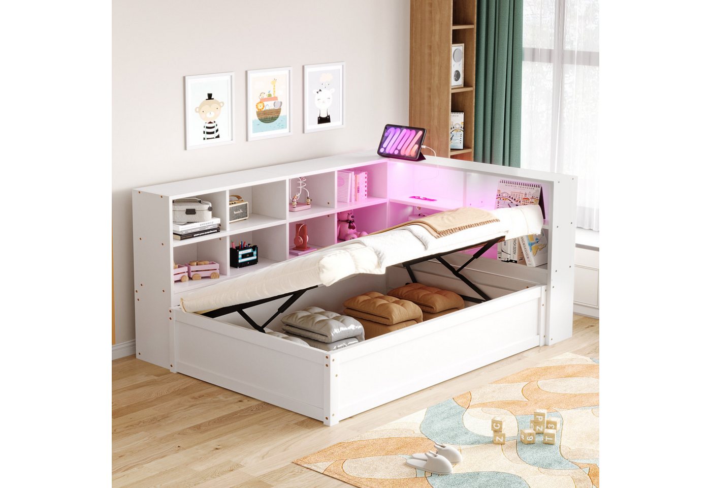 Merax Daybett mit LED und USB-Steckdose (Tagesbett Massivholz Kinderbett Jugendbett, 1 tlg), Schlafsofa 90x200cm mit hydraulischem Stauraum und Ablagefächern von Merax
