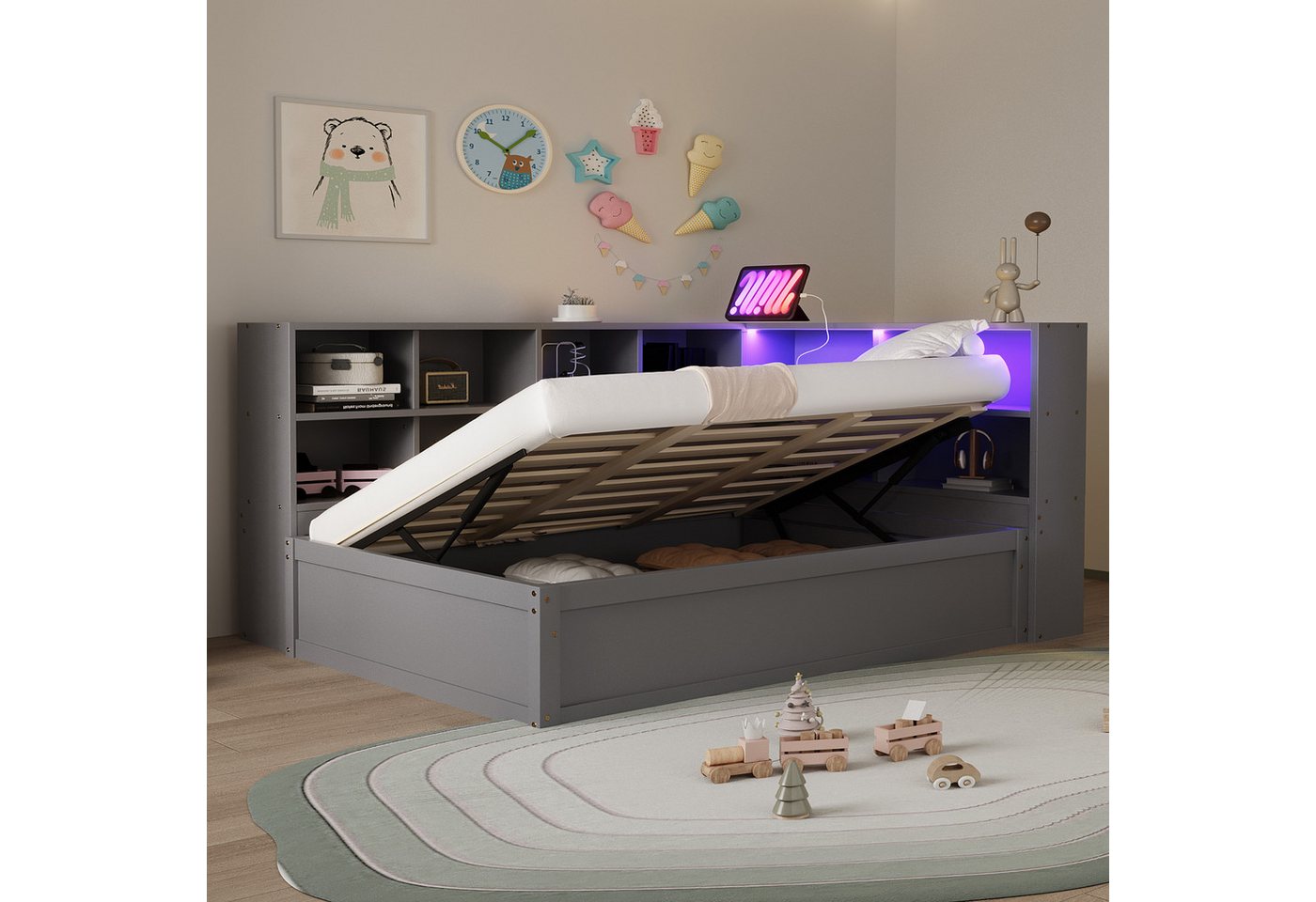 Merax Daybett mit LED und USB-Steckdose (Tagesbett Massivholz Kinderbett Jugendbett, 1 tlg), Schlafsofa 90x200cm mit hydraulischem Stauraum und Ablagefächern von Merax